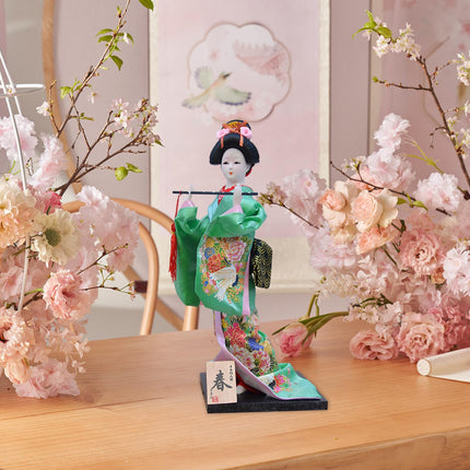 30cm Japanese Kimono Geisha Doll Traditional Statue Asian Kabuki Figurine Green