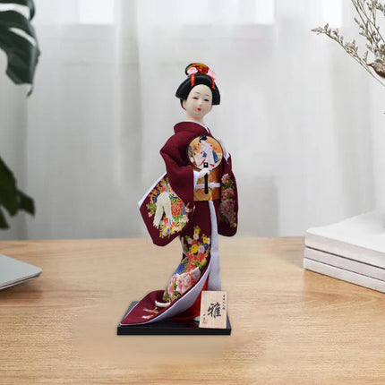 30cm Japanese Kimono Geisha Doll Traditional Statue Asian Kabuki Figurine Dark Red
