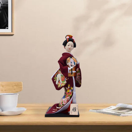30cm Japanese Kimono Geisha Doll Traditional Statue Asian Kabuki Figurine Dark Red