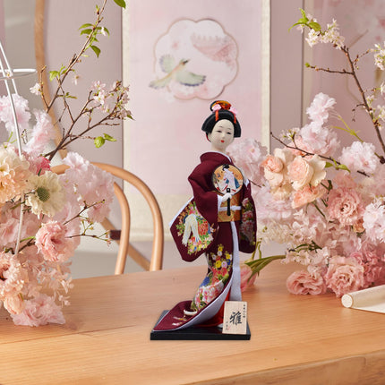 30cm Japanese Kimono Geisha Doll Traditional Statue Asian Kabuki Figurine Dark Red