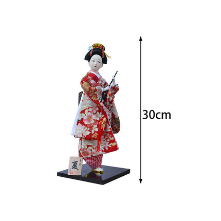 30cm Japanese Kimono Geisha Doll Traditional Statue Asian Kabuki Figurine Red White Flower