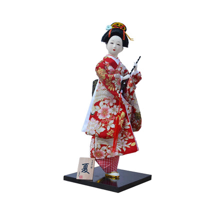 30cm Japanese Kimono Geisha Doll Traditional Statue Asian Kabuki Figurine Red White Flower