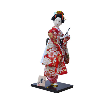 30cm Japanese Kimono Geisha Doll Traditional Statue Asian Kabuki Figurine Red White Flower