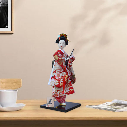 30cm Japanese Kimono Geisha Doll Traditional Statue Asian Kabuki Figurine Red White Flower