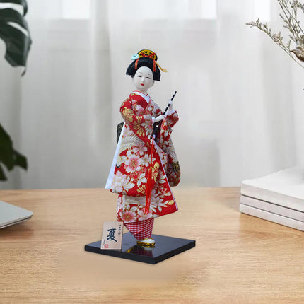 30cm Japanese Kimono Geisha Doll Traditional Statue Asian Kabuki Figurine Red White Flower
