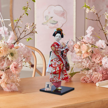 30cm Japanese Kimono Geisha Doll Traditional Statue Asian Kabuki Figurine Red White Flower