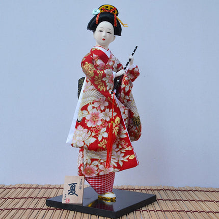 30cm Japanese Kimono Geisha Doll Traditional Statue Asian Kabuki Figurine Red White Flower