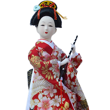 30cm Japanese Kimono Geisha Doll Traditional Statue Asian Kabuki Figurine Red White Flower
