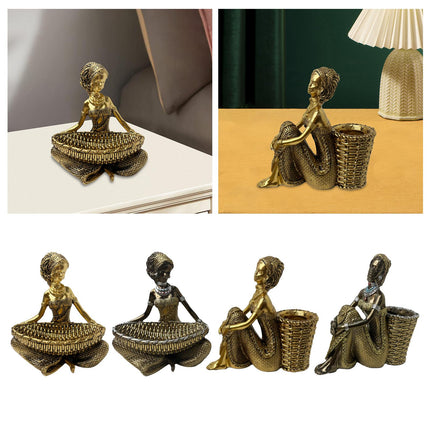 African Lady Figurine with Key Storage Women Statue for Desk Bathroom Office 14.3x10.2x16.2cm golden