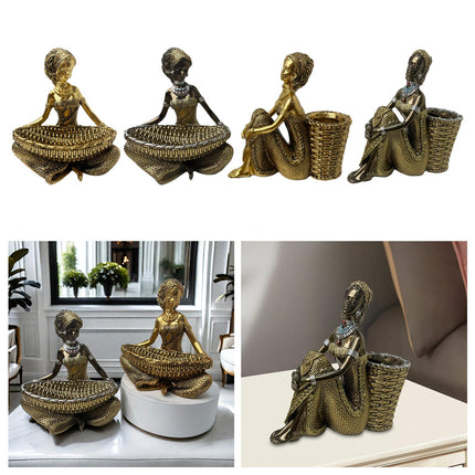 African Lady Figurine with Key Storage Women Statue for Desk Bathroom Office 14.3x10.2x16.2cm golden