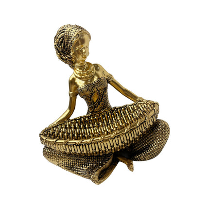 African Lady Figurine with Key Storage Women Statue for Desk Bathroom Office 14.3x10.2x16.2cm golden
