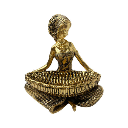 African Lady Figurine with Key Storage Women Statue for Desk Bathroom Office 14.3x10.2x16.2cm golden