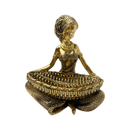 African Lady Figurine with Key Storage Women Statue for Desk Bathroom Office 14.3x10.2x16.2cm golden
