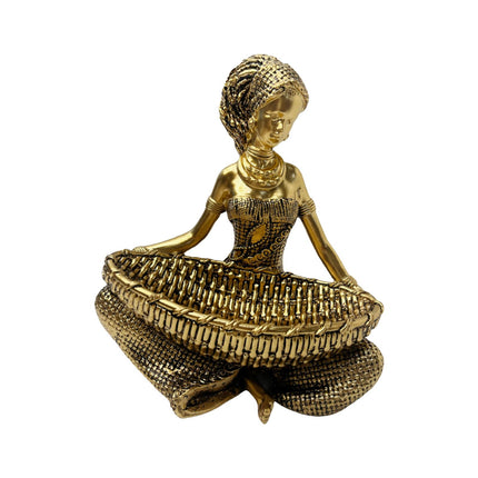 African Lady Figurine with Key Storage Women Statue for Desk Bathroom Office 14.3x10.2x16.2cm golden