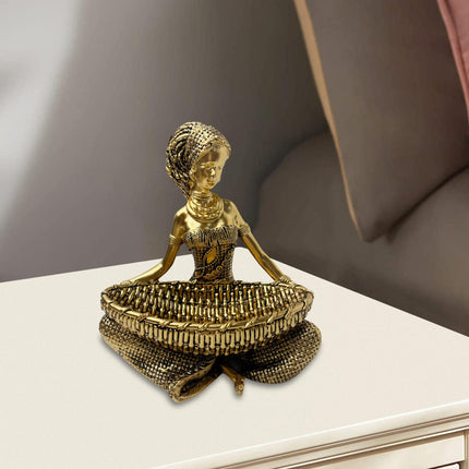 African Lady Figurine with Key Storage Women Statue for Desk Bathroom Office 14.3x10.2x16.2cm golden