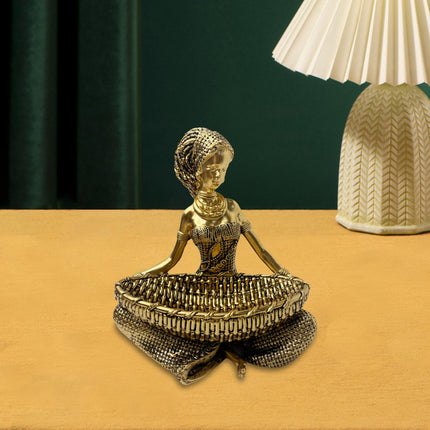African Lady Figurine with Key Storage Women Statue for Desk Bathroom Office 14.3x10.2x16.2cm golden