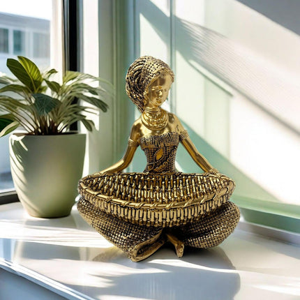 African Lady Figurine with Key Storage Women Statue for Desk Bathroom Office 14.3x10.2x16.2cm golden