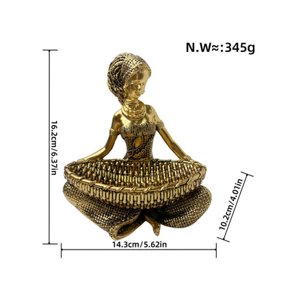 African Lady Figurine with Key Storage Women Statue for Desk Bathroom Office 14.3x10.2x16.2cm golden