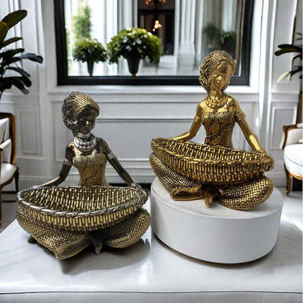 African Lady Figurine with Key Storage Women Statue for Desk Bathroom Office 14.3x10.2x16.2cm black