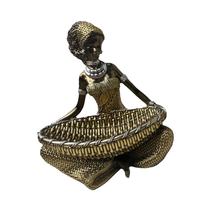 African Lady Figurine with Key Storage Women Statue for Desk Bathroom Office 14.3x10.2x16.2cm black
