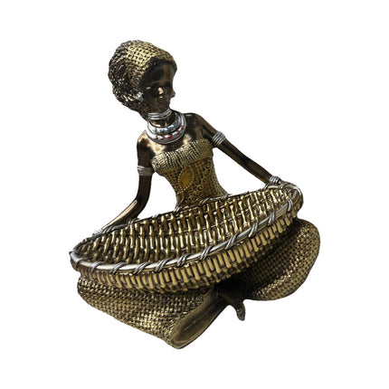 African Lady Figurine with Key Storage Women Statue for Desk Bathroom Office 14.3x10.2x16.2cm black