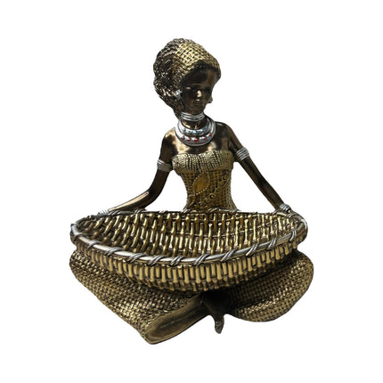 African Lady Figurine with Key Storage Women Statue for Desk Bathroom Office 14.3x10.2x16.2cm black