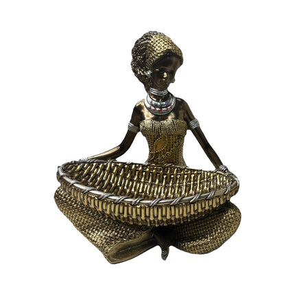 African Lady Figurine with Key Storage Women Statue for Desk Bathroom Office 14.3x10.2x16.2cm black
