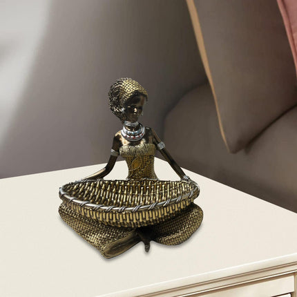 African Lady Figurine with Key Storage Women Statue for Desk Bathroom Office 14.3x10.2x16.2cm black