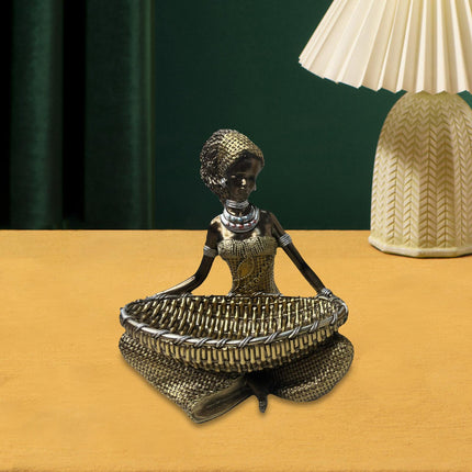 African Lady Figurine with Key Storage Women Statue for Desk Bathroom Office 14.3x10.2x16.2cm black