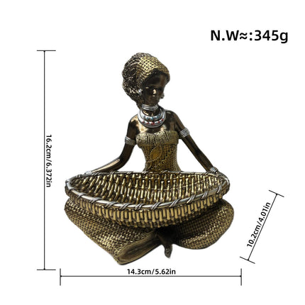 African Lady Figurine with Key Storage Women Statue for Desk Bathroom Office 14.3x10.2x16.2cm black
