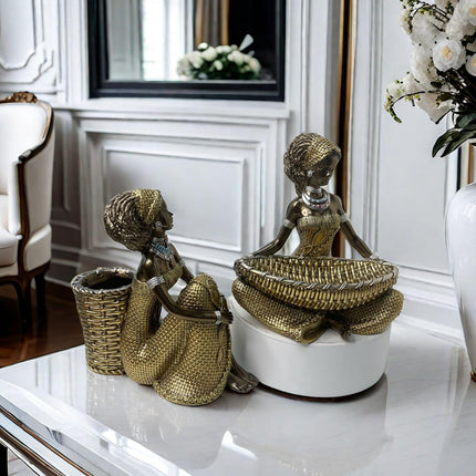 African Lady Figurine with Key Storage Women Statue for Desk Bathroom Office 14.3x10.2x16.2cm black