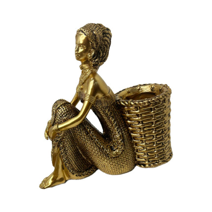 African Lady Figurine with Key Storage Women Statue for Desk Bathroom Office 16.8x6.1x16.7cm golden