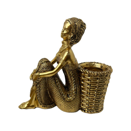 African Lady Figurine with Key Storage Women Statue for Desk Bathroom Office 16.8x6.1x16.7cm golden