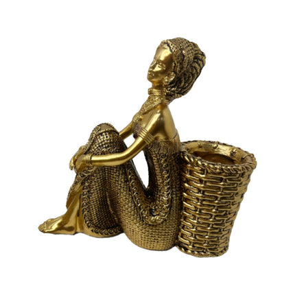 African Lady Figurine with Key Storage Women Statue for Desk Bathroom Office 16.8x6.1x16.7cm golden