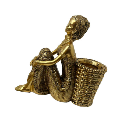 African Lady Figurine with Key Storage Women Statue for Desk Bathroom Office 16.8x6.1x16.7cm golden