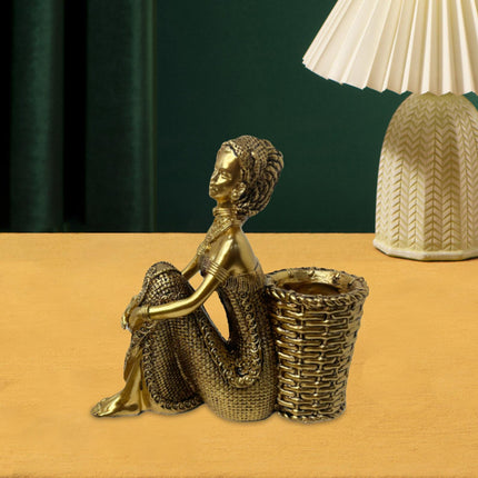 African Lady Figurine with Key Storage Women Statue for Desk Bathroom Office 16.8x6.1x16.7cm golden
