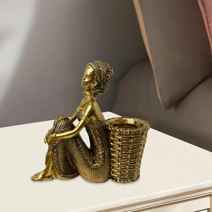 African Lady Figurine with Key Storage Women Statue for Desk Bathroom Office 16.8x6.1x16.7cm golden