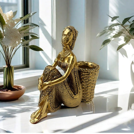 African Lady Figurine with Key Storage Women Statue for Desk Bathroom Office 16.8x6.1x16.7cm golden