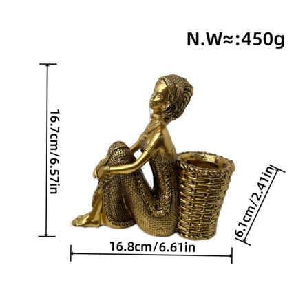 African Lady Figurine with Key Storage Women Statue for Desk Bathroom Office 16.8x6.1x16.7cm golden