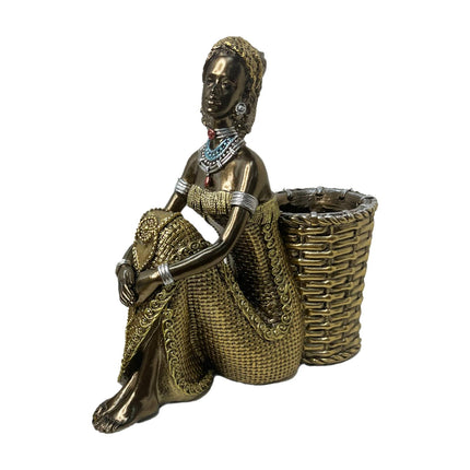 African Lady Figurine with Key Storage Women Statue for Desk Bathroom Office 16.8x6.1x16.7cm black