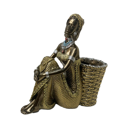 African Lady Figurine with Key Storage Women Statue for Desk Bathroom Office 16.8x6.1x16.7cm black