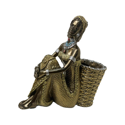 African Lady Figurine with Key Storage Women Statue for Desk Bathroom Office 16.8x6.1x16.7cm black