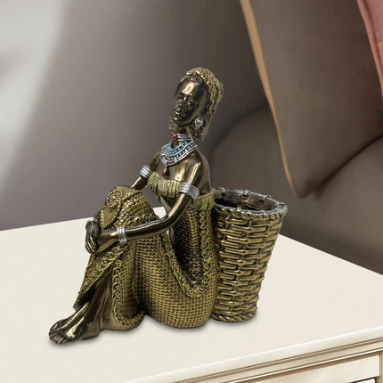 African Lady Figurine with Key Storage Women Statue for Desk Bathroom Office 16.8x6.1x16.7cm black