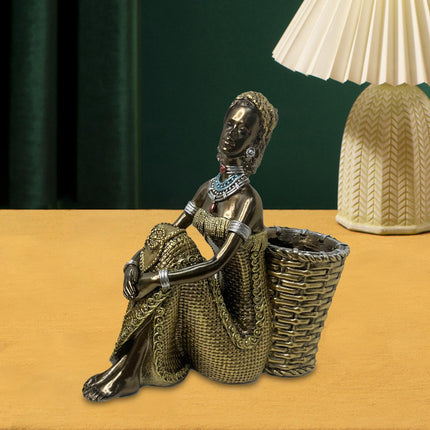 African Lady Figurine with Key Storage Women Statue for Desk Bathroom Office 16.8x6.1x16.7cm black