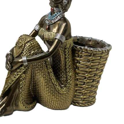African Lady Figurine with Key Storage Women Statue for Desk Bathroom Office 16.8x6.1x16.7cm black