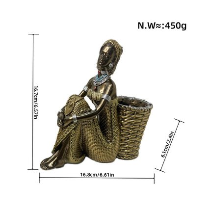African Lady Figurine with Key Storage Women Statue for Desk Bathroom Office 16.8x6.1x16.7cm black