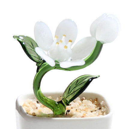 Potted Plant Glass Statue Figurine Decorative Gift Artificial Flowers in Pot White