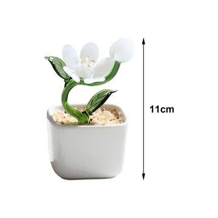 Potted Plant Glass Statue Figurine Decorative Gift Artificial Flowers in Pot White