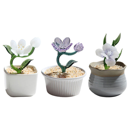 Potted Plant Glass Statue Figurine Decorative Gift Artificial Flowers in Pot White