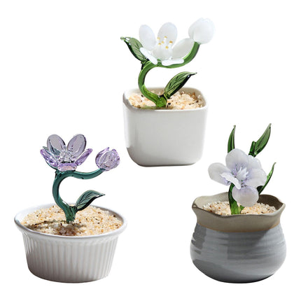 Potted Plant Glass Statue Figurine Decorative Gift Artificial Flowers in Pot White